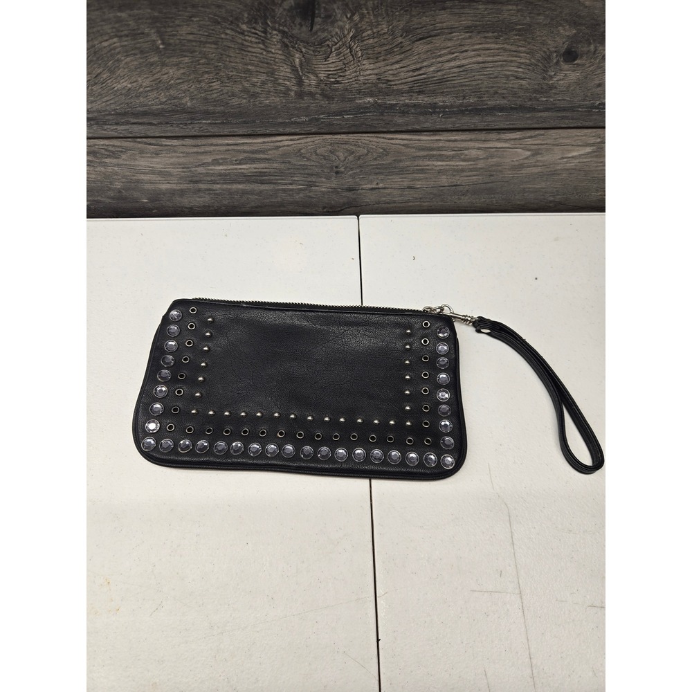 Express Black Studded Rhinestone Wristlet Clutch Bag Silver Grommet Edgy Pouch
